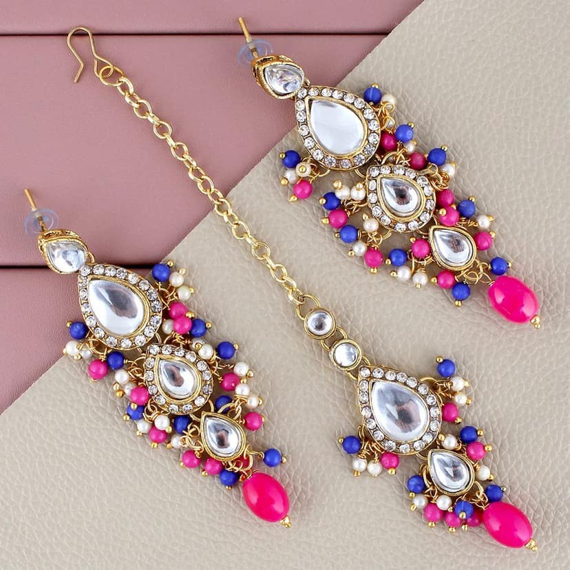 Lucky Jewellery Gold Plated Multi Color Tika Earring Necklace Combo Kundan Jewellery Set (726-MSK-3-LINE-RB) view 2