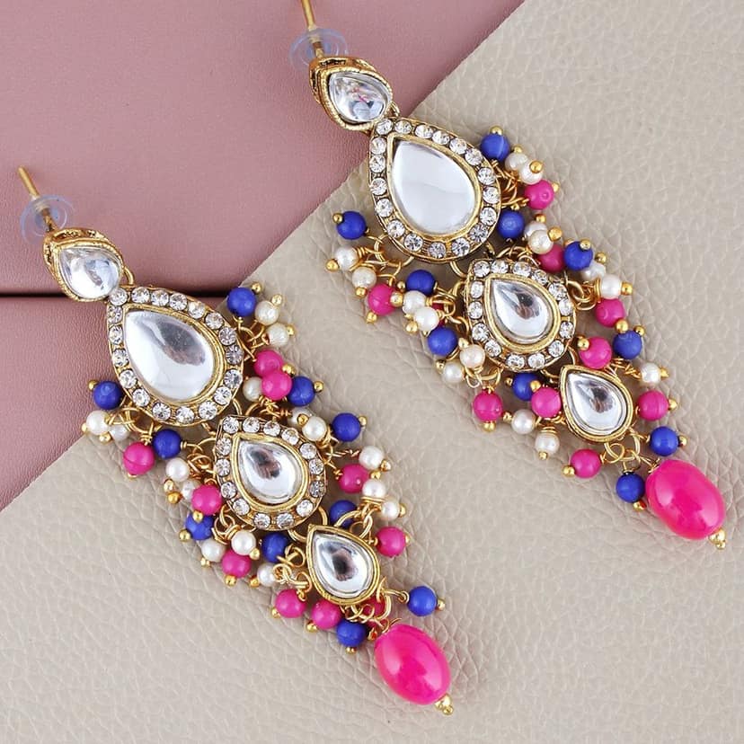 Lucky Jewellery Gold Plated Multi Color Tika Earring Necklace Combo Kundan Jewellery Set (726-MSK-3-LINE-RB) view 3