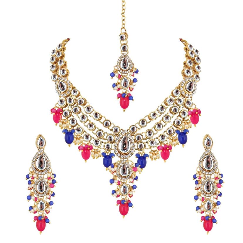 Lucky Jewellery Gold Plated Multi Color Tika Earring Necklace Combo Kundan Jewellery Set (726-MSK-3-LINE-RB) view 4