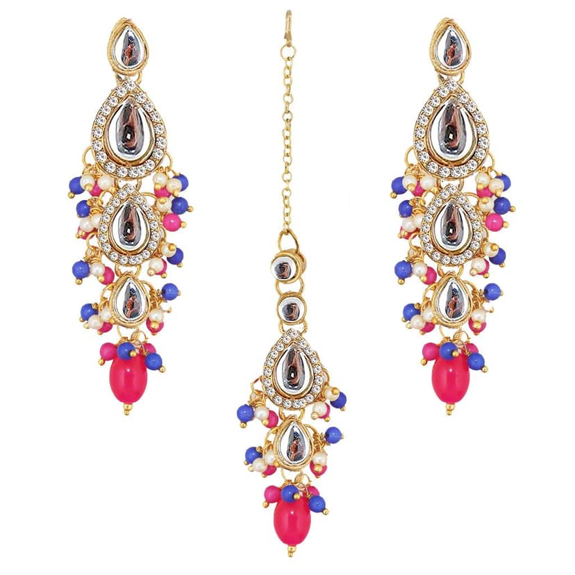 Lucky Jewellery Gold Plated Multi Color Tika Earring Necklace Combo Kundan Jewellery Set (726-MSK-3-LINE-RB) view 5