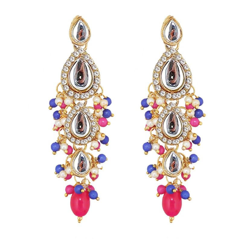 Lucky Jewellery Gold Plated Multi Color Tika Earring Necklace Combo Kundan Jewellery Set (726-MSK-3-LINE-RB) view 6