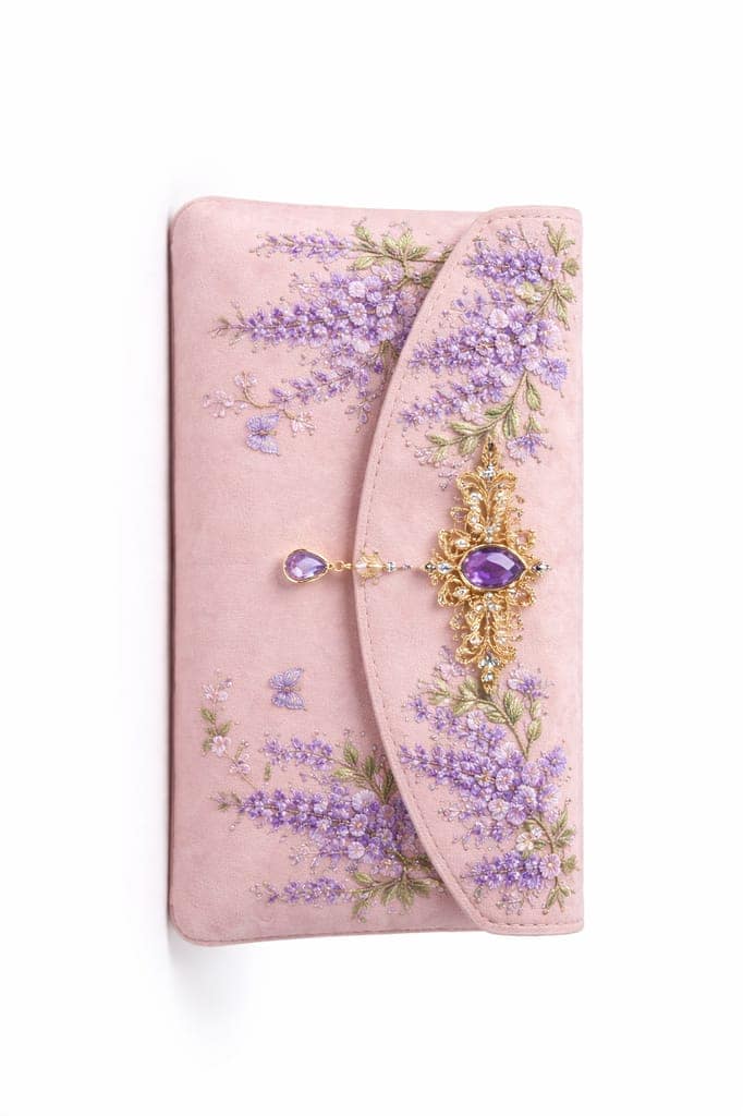 Women's Floral Embroidered Suede Envelope Clutch with Jeweled Embellishment view 3