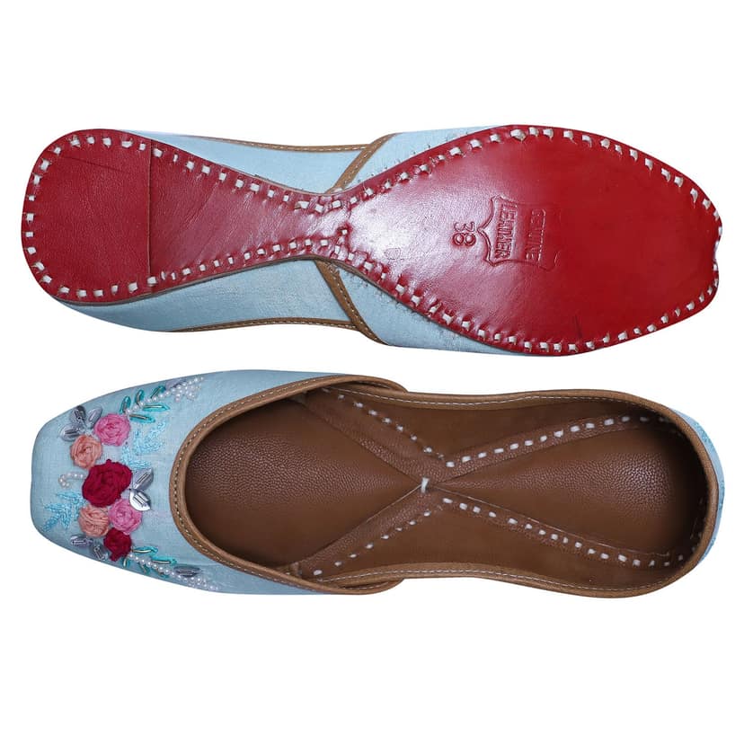 RSK ETHNIC WEAR, Sky Blue Color Embroidered Handmade Jutti for Women with Soft Leather and Double Cushion view 4