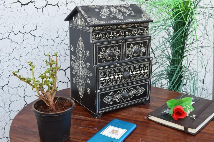 Creative Handicrafts Black Hand-Painted Rajasthani Art Storage Box, Mango Wood Box, For Home view 2