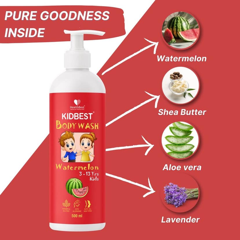 HealthBest Kid's Top to Toe Body Wash 500ml - Watermelon Scent - Tear-Free, Anti-Bacterial, Paraben & SLS-Free - Gentle for Normal, Sensitive & Dry Skin - Baby, Toddler & Child Body Wash view 4