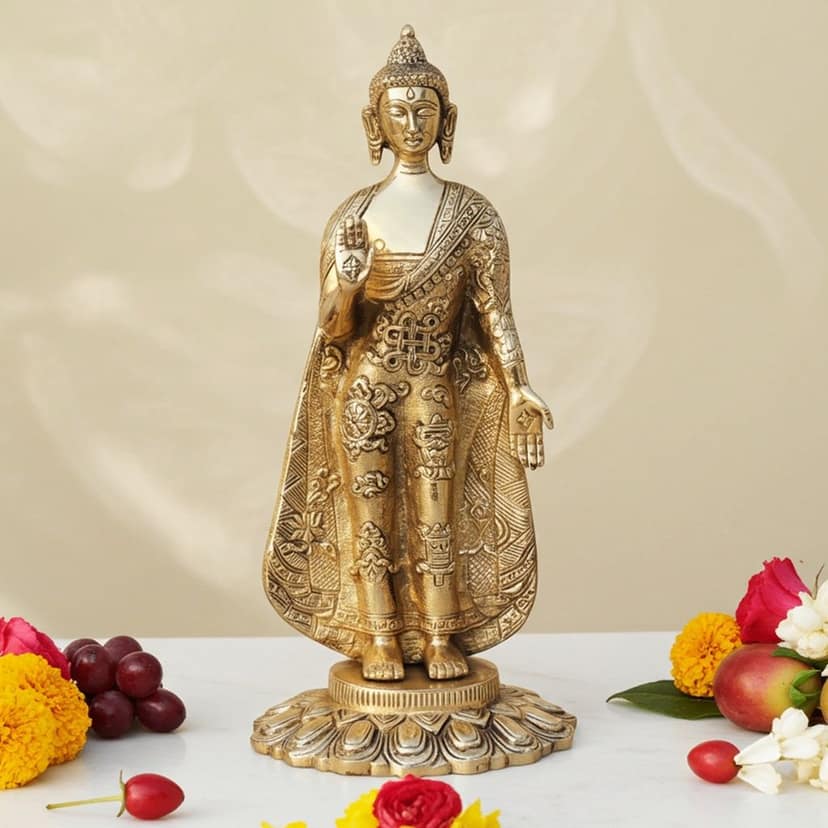 Brass Standing Buddha Statue - Blessing Pose Decorative Idol, Height : 10.5 Inch (BSMAS1578 D)