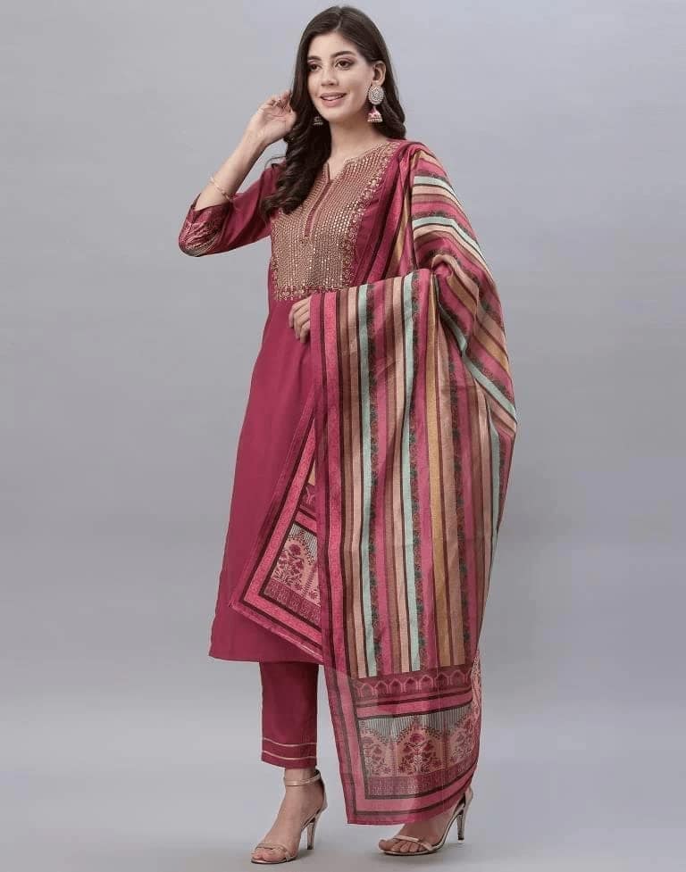Buy & Try Rayon Kurta Pant Set with Dupatta | Chinon Art Silk Kurti Set with Embrodry Work for Wedding, Party & Festival. view 7