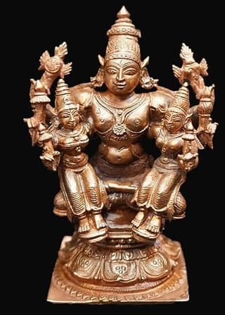 Searchers Paradise - Copper Idols of god Srinivasa Perumal with Sridevi Bhudevi, 4.2 inches, Copper Handmade 805 Grams, Patina Antique Finish, Pack of 1 Piece