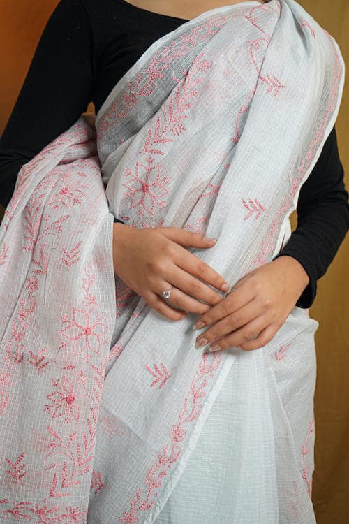 Shwet Sky Blue Chikankari Kota Cotton Saree view 3