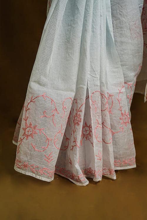 Shwet Sky Blue Chikankari Kota Cotton Saree view 4