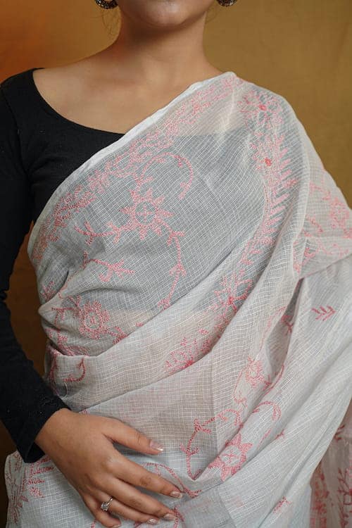 Shwet Sky Blue Chikankari Kota Cotton Saree view 5