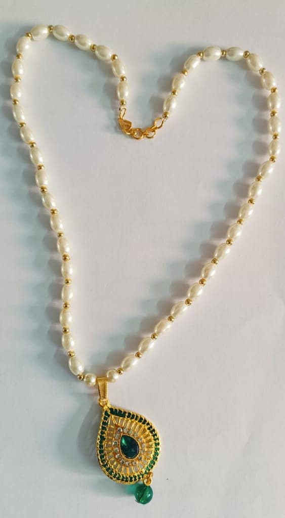 White Pearl with Green Stone Pendant view 2