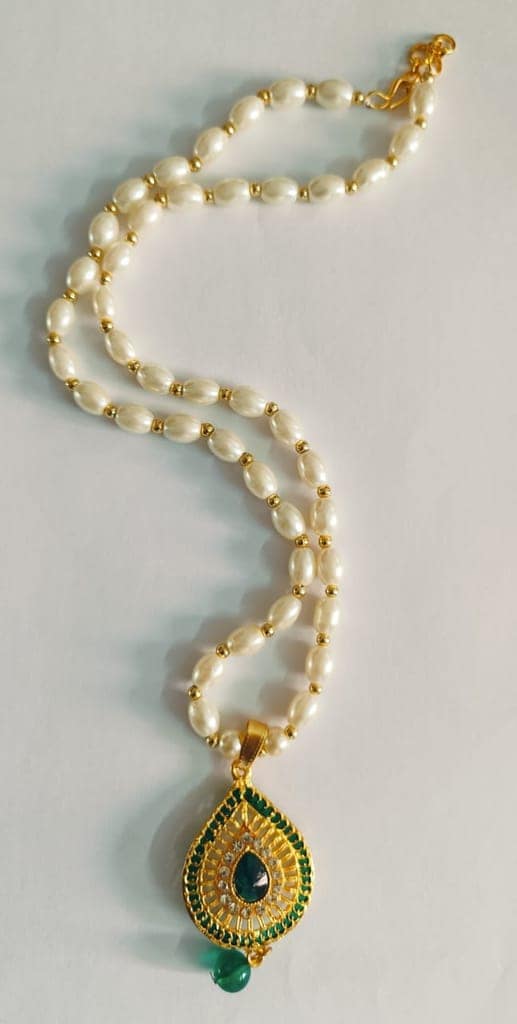 White Pearl with Green Stone Pendant view 3