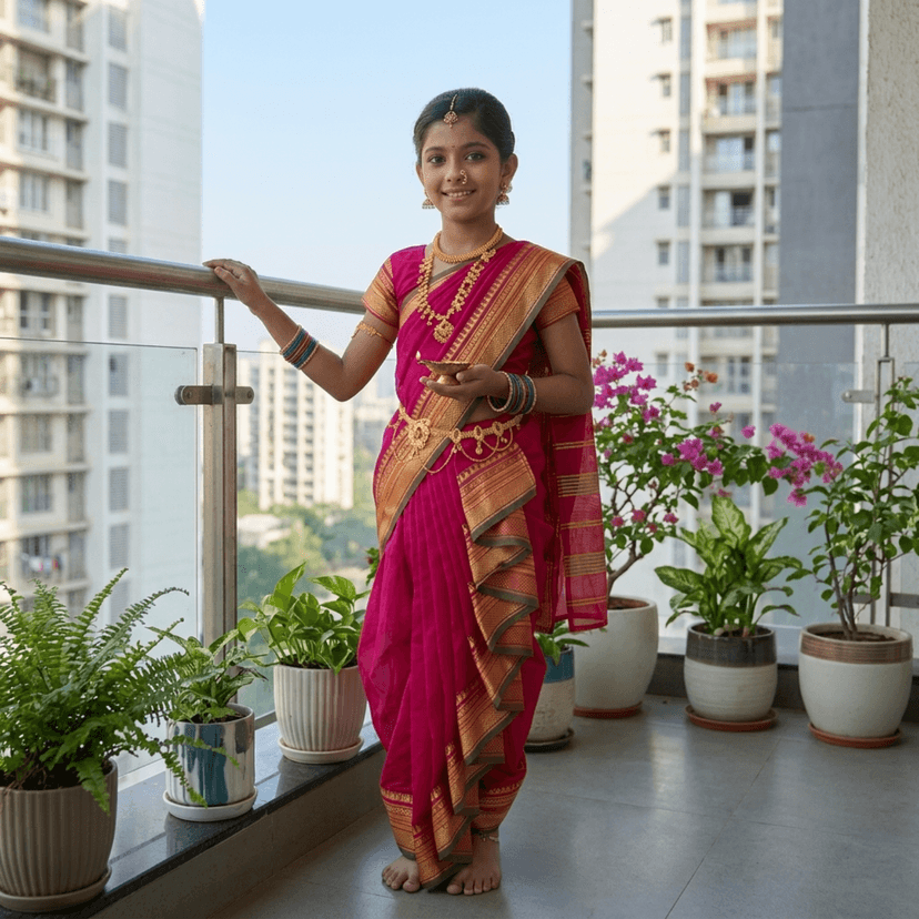 Mom and Me Girls' Ready-to-Wear Mastani Nauwari Saree with Stitched Blouse | Traditional Maharashtrian Ilkal Border | Soft Acrylic Cotton | Age 12 Months to 15 Years (Pink, 12-13 Years) view 3