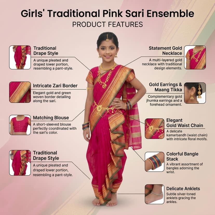Mom and Me Girls' Ready-to-Wear Mastani Nauwari Saree with Stitched Blouse | Traditional Maharashtrian Ilkal Border | Soft Acrylic Cotton | Age 12 Months to 15 Years (Pink, 12-13 Years) view 4