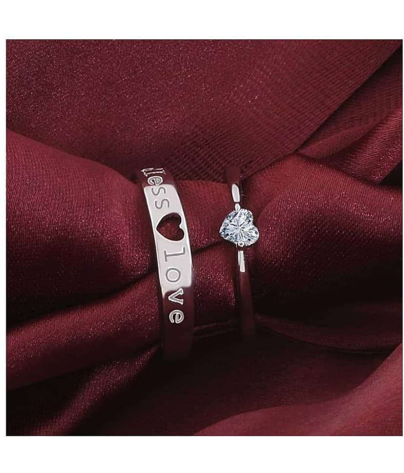 Silver Shine Silver Plated Solitaire 'Endless Love' Heart Adjustable Couple ring for Men and Women,Couple ring for Girls and Boys-2 pieces view 2