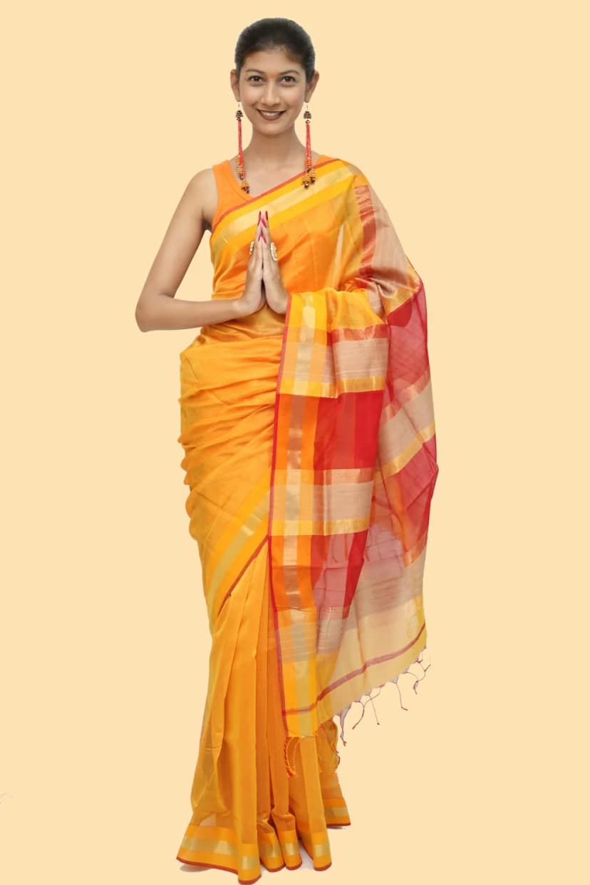 Epic Ivory Kosa Pallu Yellow Red handloom Saree with Tassels view 3
