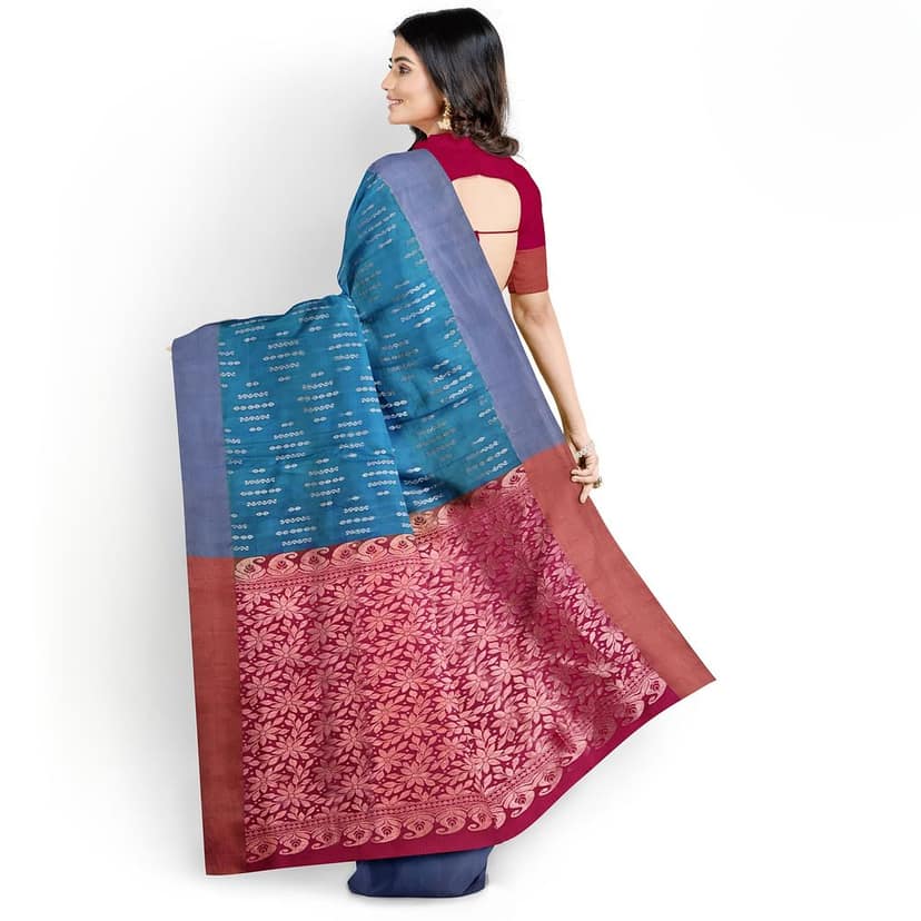Teal Color Kanjivaram Pure Silk Saree has Contrast Pallu & Blouse view 2