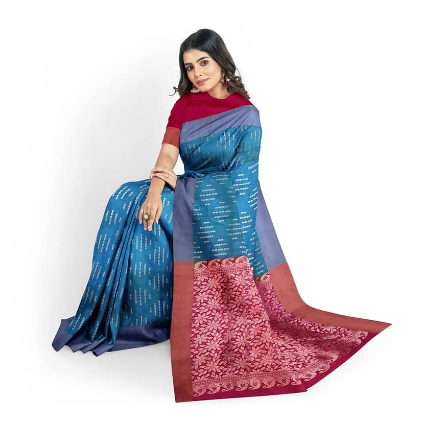 Teal Color Kanjivaram Pure Silk Saree has Contrast Pallu & Blouse view 4