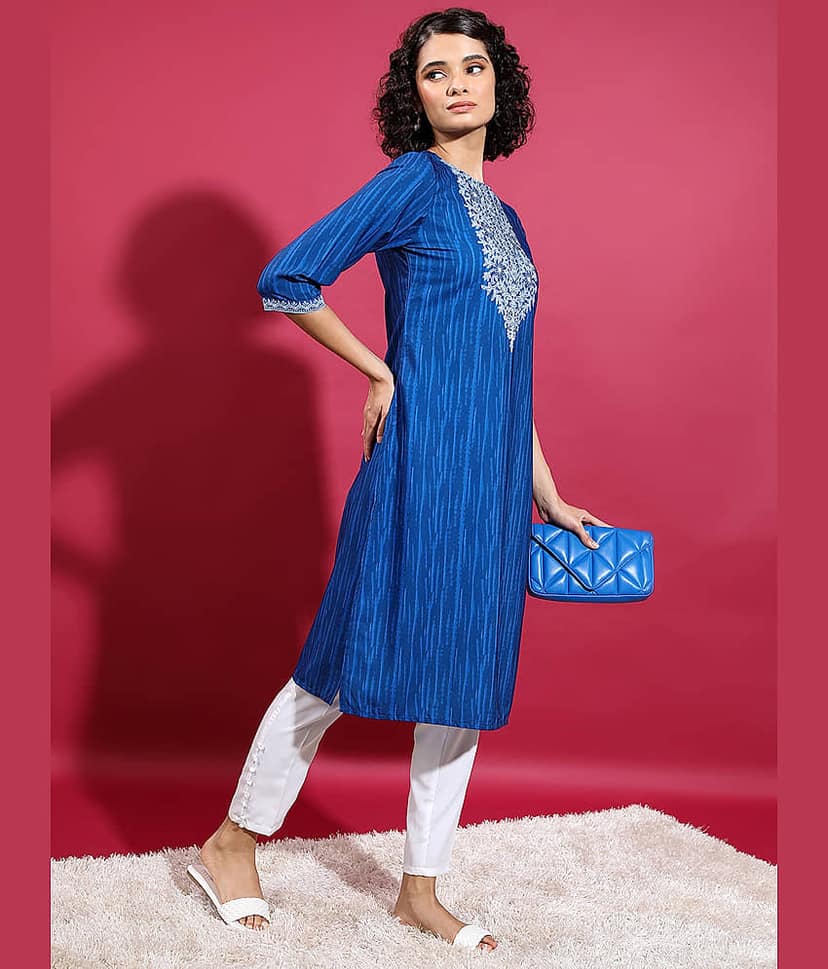 Vishudh Women Polyester Embroidered Straight Kurti ( Blue ) view 6