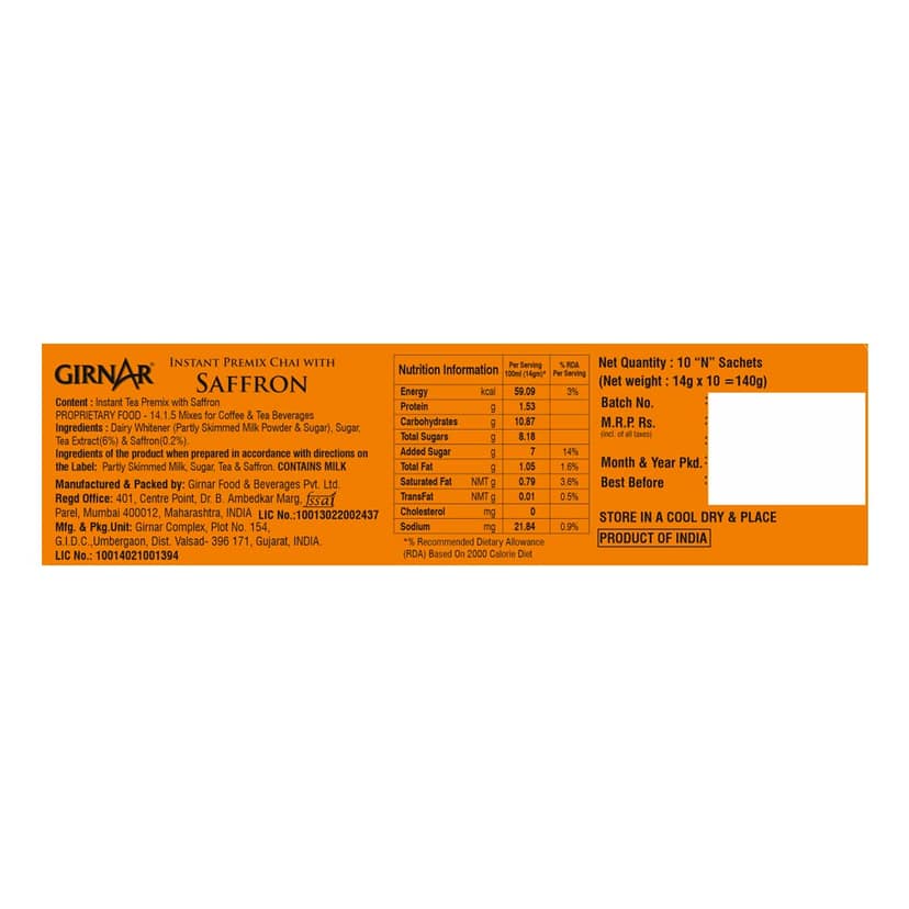 Girnar Instant Premix Saffron Chai, 10 Sachets view 2
