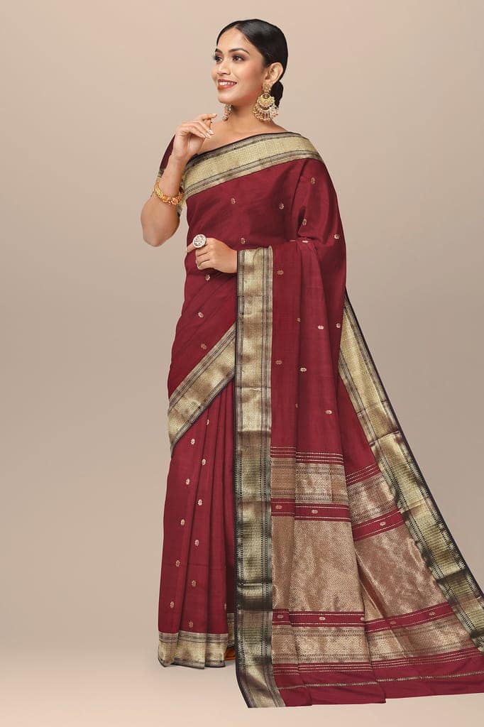 Ruby Red Handwoven Mulberry Sausar Silk With Rui Buti And Zari Border Saree SKU-BS10157 view 2