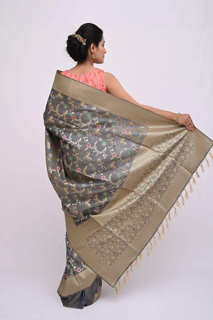 Enticing Metallic Grey Khadi Saree With Jaal Work and Zari Border view 2