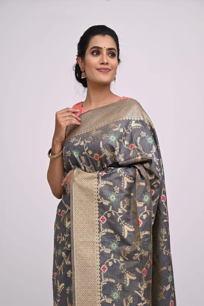 Enticing Metallic Grey Khadi Saree With Jaal Work and Zari Border view 3