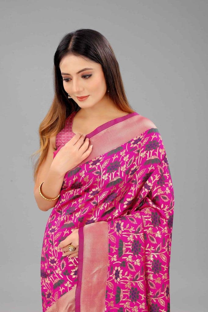 Women's Banarasi Silk Woven Design Pink Saree view 4
