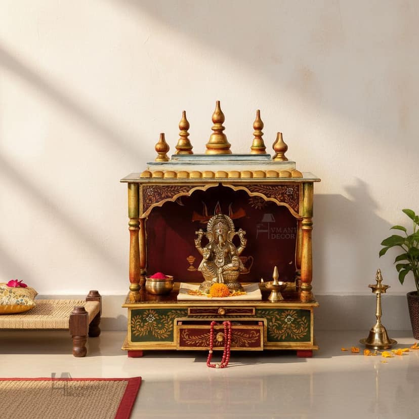 Indian Painted Wooden Pooja Temple-Wall Mandir