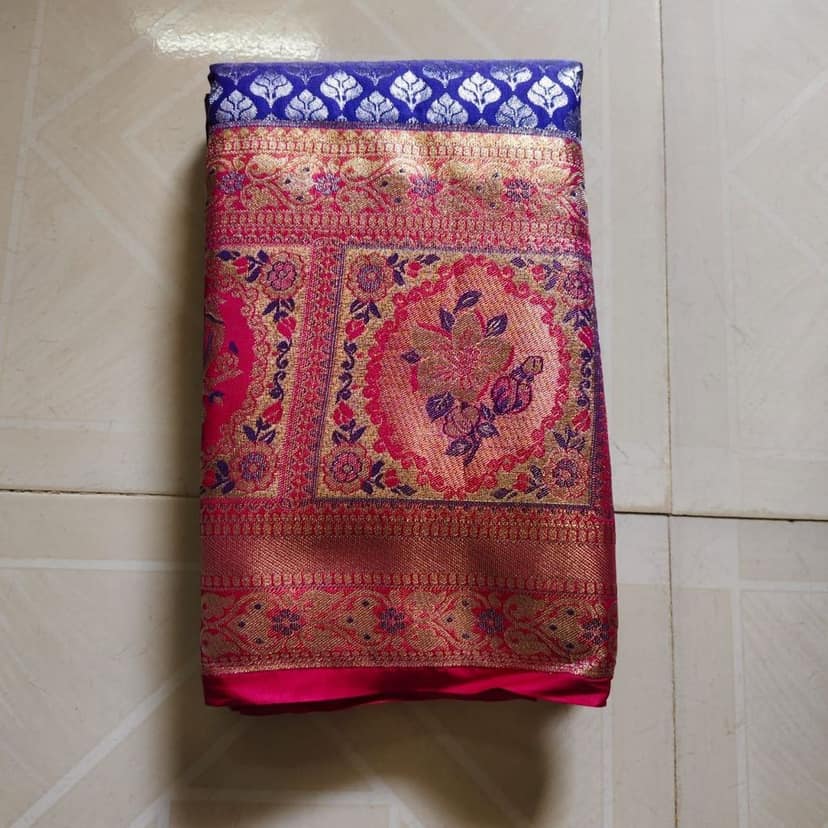 Blue Saree With Silver Zari Work And Pink Border view 2
