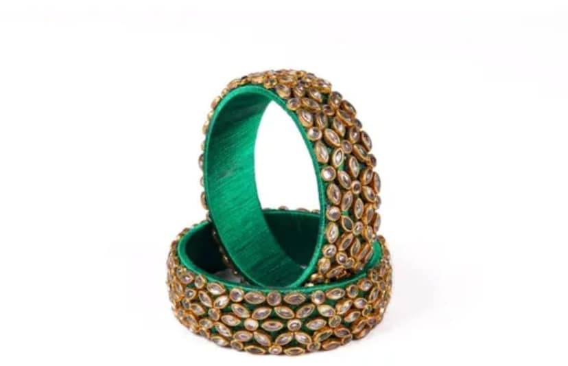 Green Silk Thread Bangle with Kundan Stones view 2