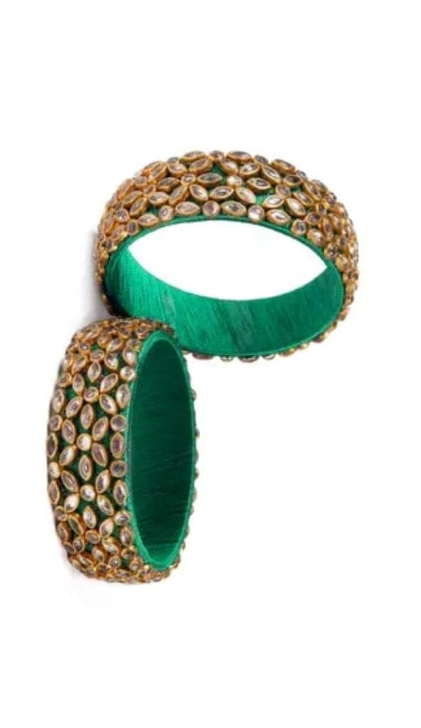 Green Silk Thread Bangle with Kundan Stones view 3