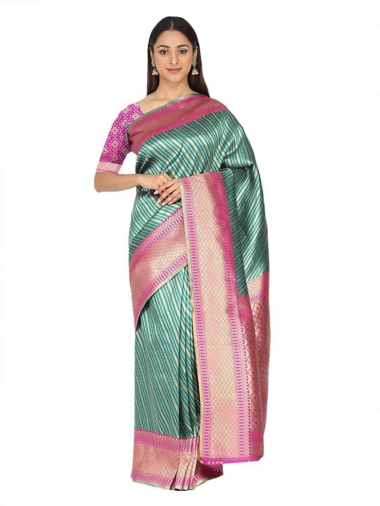 Teal Green Gold Toned Woven Design Kanjeewarm Silk Saree