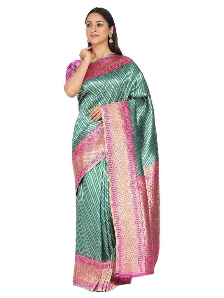 Teal Green Gold Toned Woven Design Kanjeewarm Silk Saree view 3