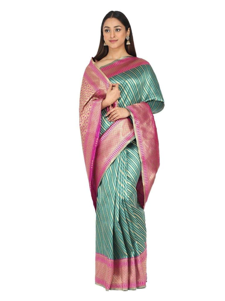 Teal Green Gold Toned Woven Design Kanjeewarm Silk Saree view 4