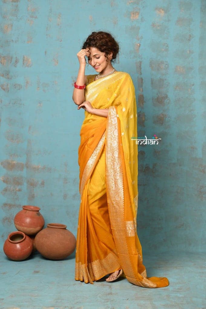 Suhaani ~ Handloom Khaddi Georgette Saree With Sleek Border ~ Ombre Yellow (Silk Mark) view 2