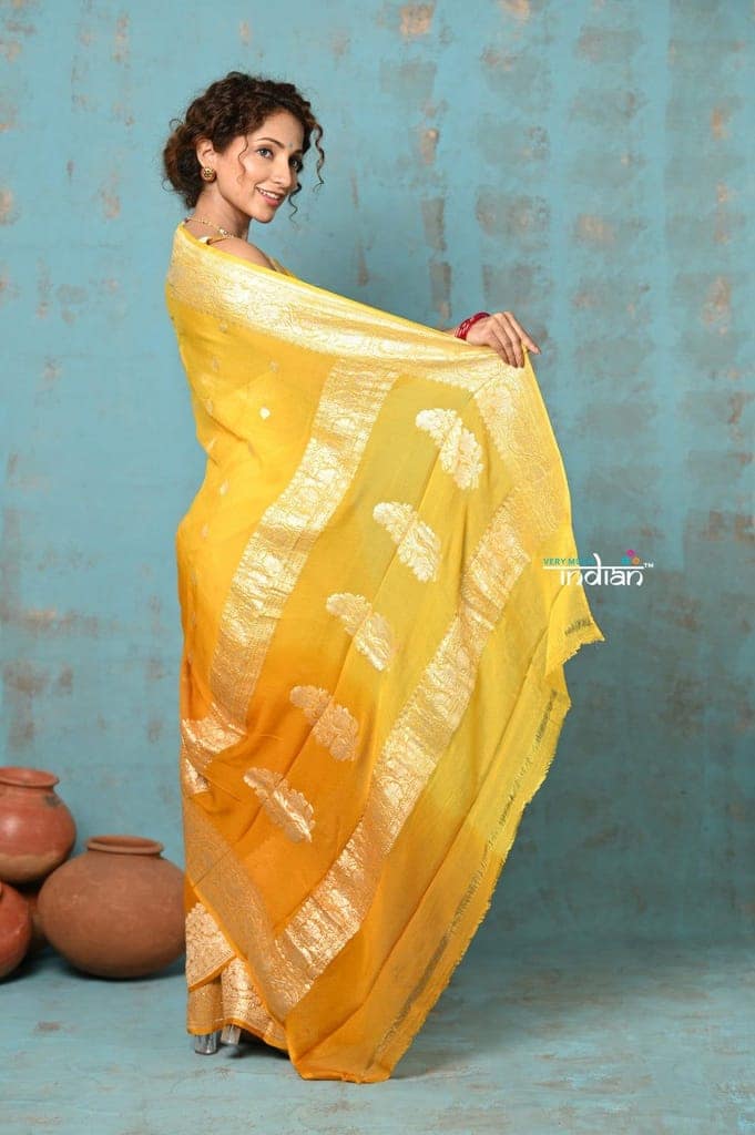 Suhaani ~ Handloom Khaddi Georgette Saree With Sleek Border ~ Ombre Yellow (Silk Mark) view 4