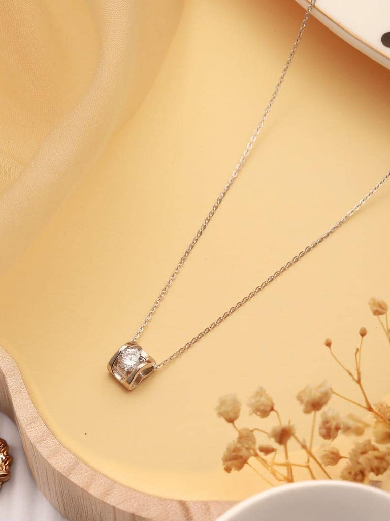 925 Sterling Silver Rhodium Plated Zircon Stylish Square Solitaire Pendant Neckalce & Chain