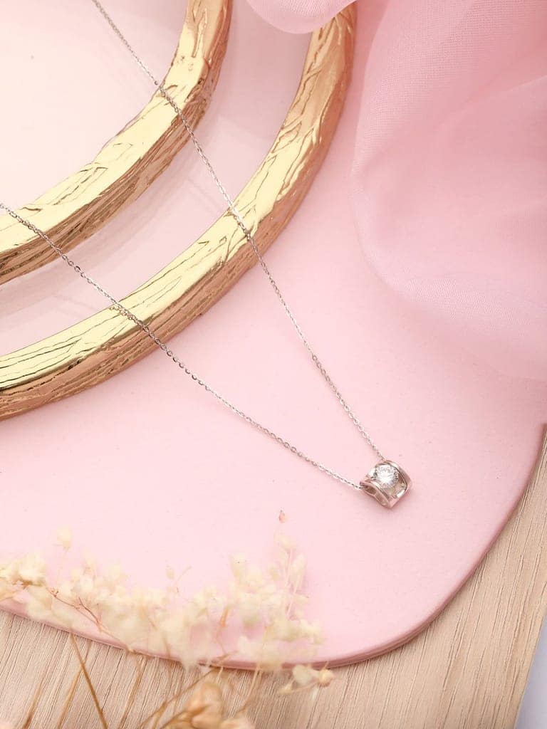 925 Sterling Silver Rhodium Plated Zircon Stylish Square Solitaire Pendant Neckalce & Chain view 6
