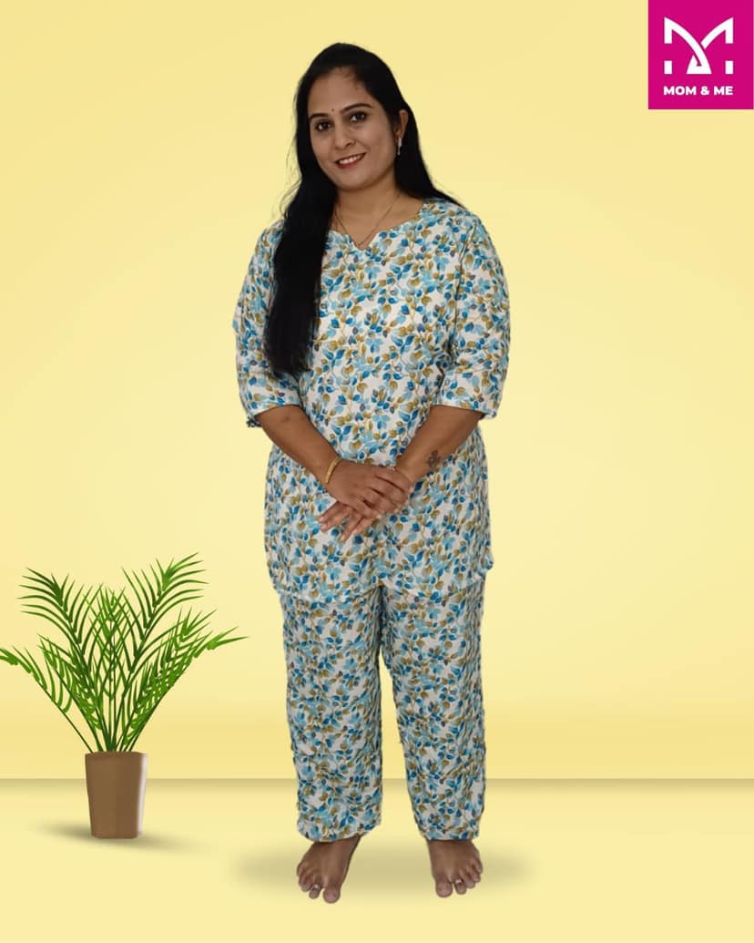Mom and Me Women's Cotton Floral Print Co-Ord Set, 3/4 Sleeve Kurta with Pyjama, Ethnic Nightwear, Multicolour (Sky Blue, M) view 2