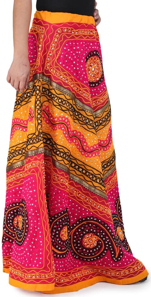 Fuchsia And Yellow Long Ghagra Skirt from Jaipur with Aari Embroidery and Sequins view 2