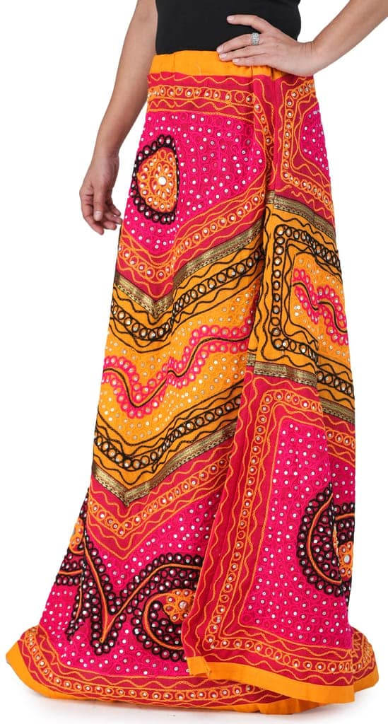 Fuchsia And Yellow Long Ghagra Skirt from Jaipur with Aari Embroidery and Sequins view 3
