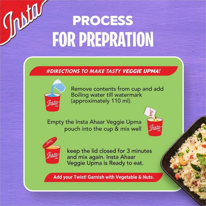 Insta Ahaar Veggie Upma - Cup 80g | Ready-to-Eat | Instant Snack view 5