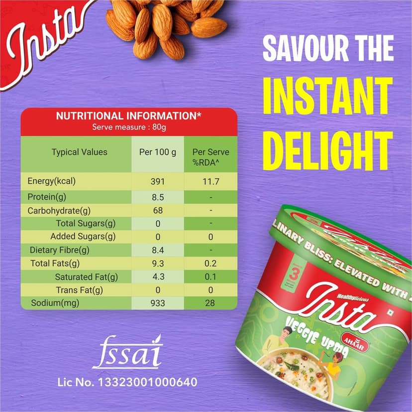 Insta Ahaar Veggie Upma - Cup 80g | Ready-to-Eat | Instant Snack view 6