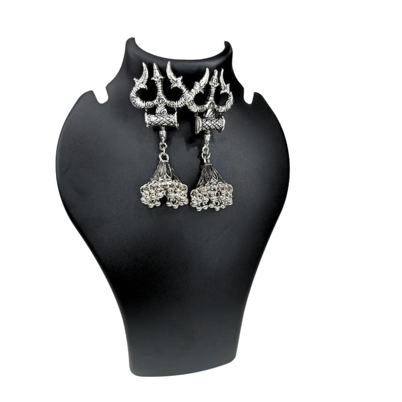 Jewelryklub Oxidised Silver Jhumka Earrings For Girls And Women Shiva Trishul Design view 4