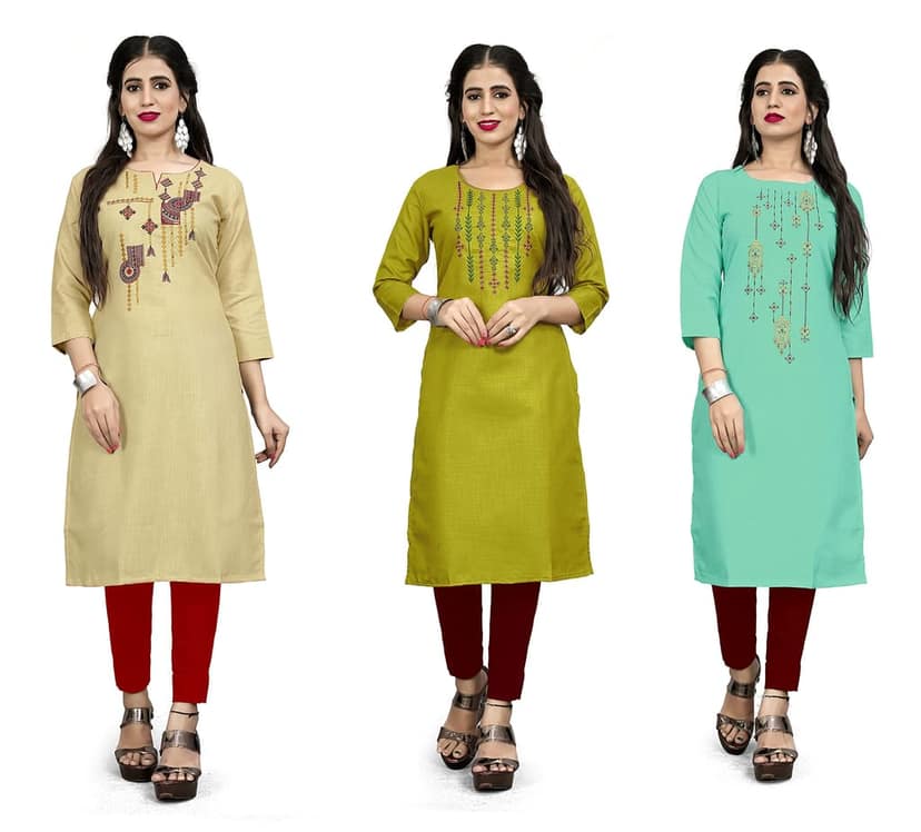 STYLEOO Ruby Slub Embroidered Straight Kurta/kurties for Women and Girls Pack of 3, CREAM, LIGHT GREEN & MUSTARD ( M, L, XL, XXL) view 5