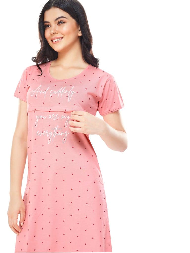 ZEYO Women Cotton Brown Dot Print Nursing & Feeding Night Dress view 2