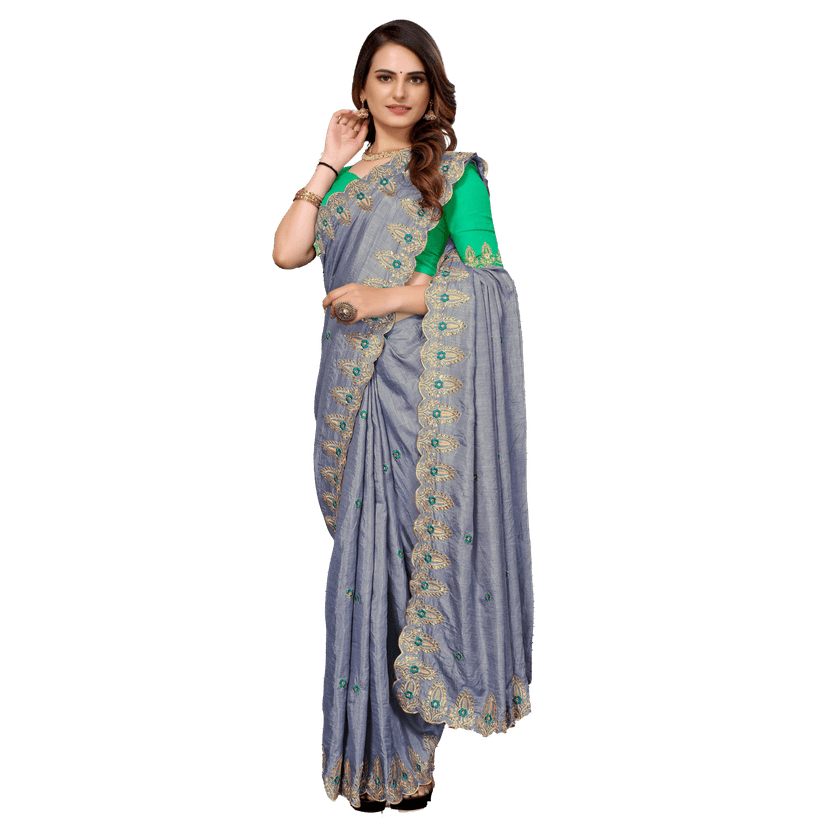 TheHangr Women's Leaf Design Pure Silk Weaving Saree With Blouse Piece - Grey