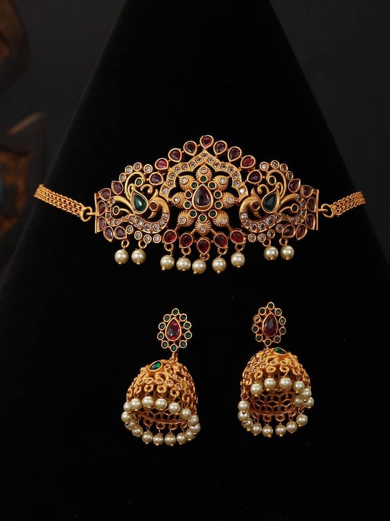 Gold plated Zircon Studded Peacock Motif Choker Jewellery Set view 2